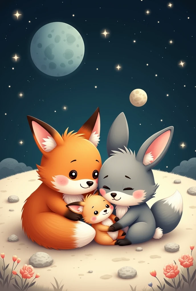 Family of a fox, A rabbit and her son together on the moon in a cartoon