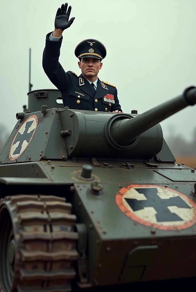 A young colonel in the black uniform of the German Wehrmacht leans out of a heavy tank bearing the German Iron Cross and gives the Nazi salute.