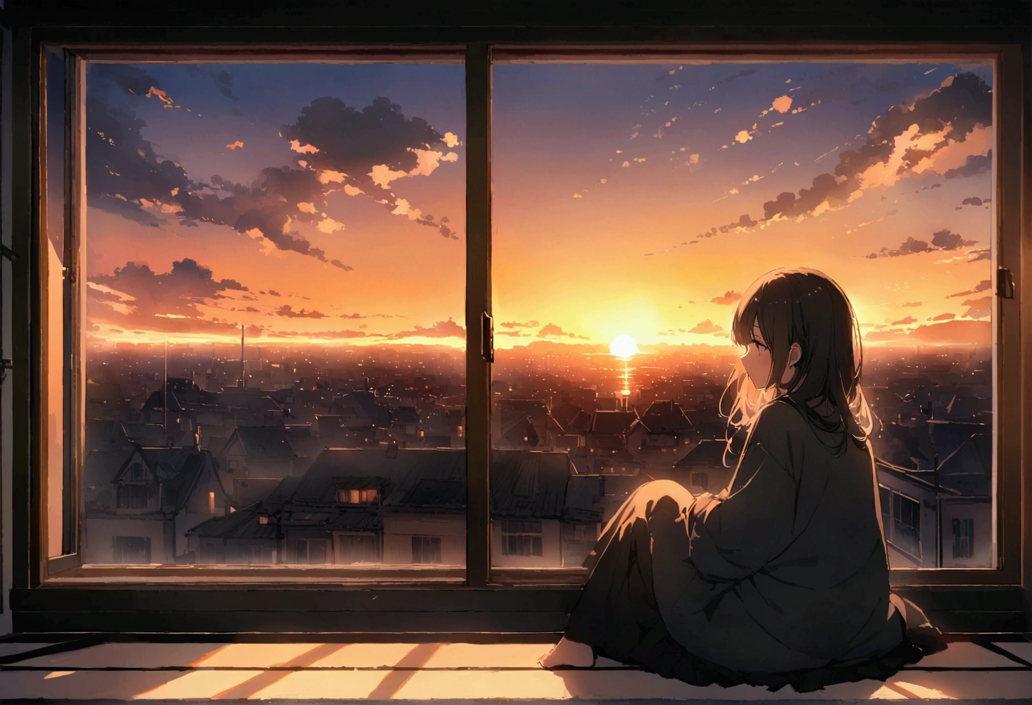 sunset, window,Sitting, , 大きなwindow, windowから海が見える, windowから地平線が見える,