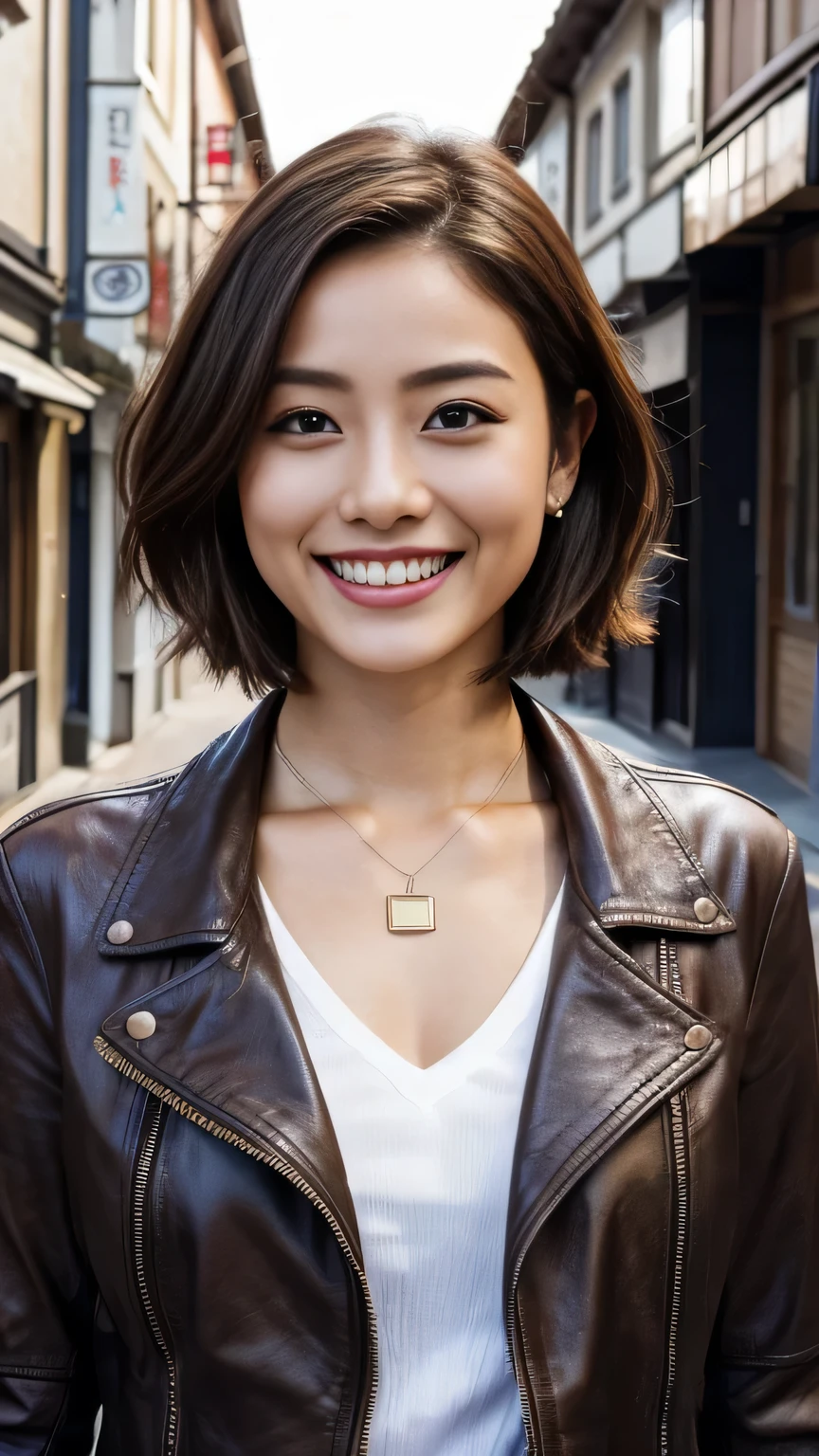 Super Resolution、Beautiful Japanese Women、Light brown hair、Short Haircut、ear piercing、necklace、leather jacket、shirt、smile、Beautiful teeth alignment、The background is a town street