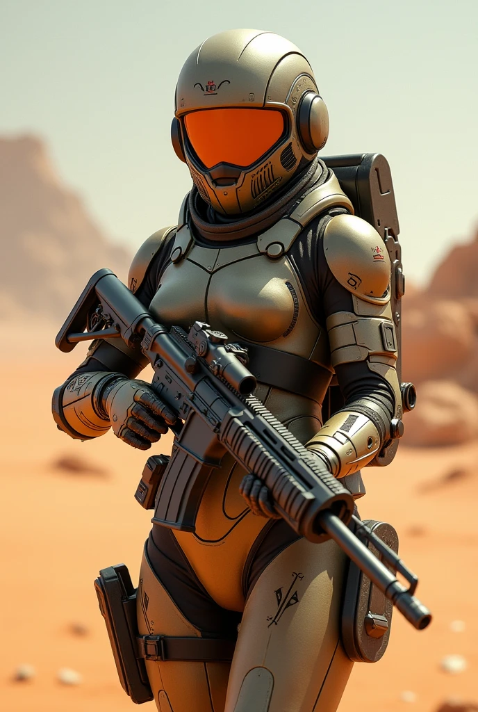 female soldier in desert with rifle and rifle in hand, clothed in sci-fi military armor, sci-fi female, space soldier on mars with a gun, sci fi female character, loba andrade from apex legends, as overwatch character, scifi woman, film still from dune 2020, dressed in tactical armor, wearing sci-fi armor