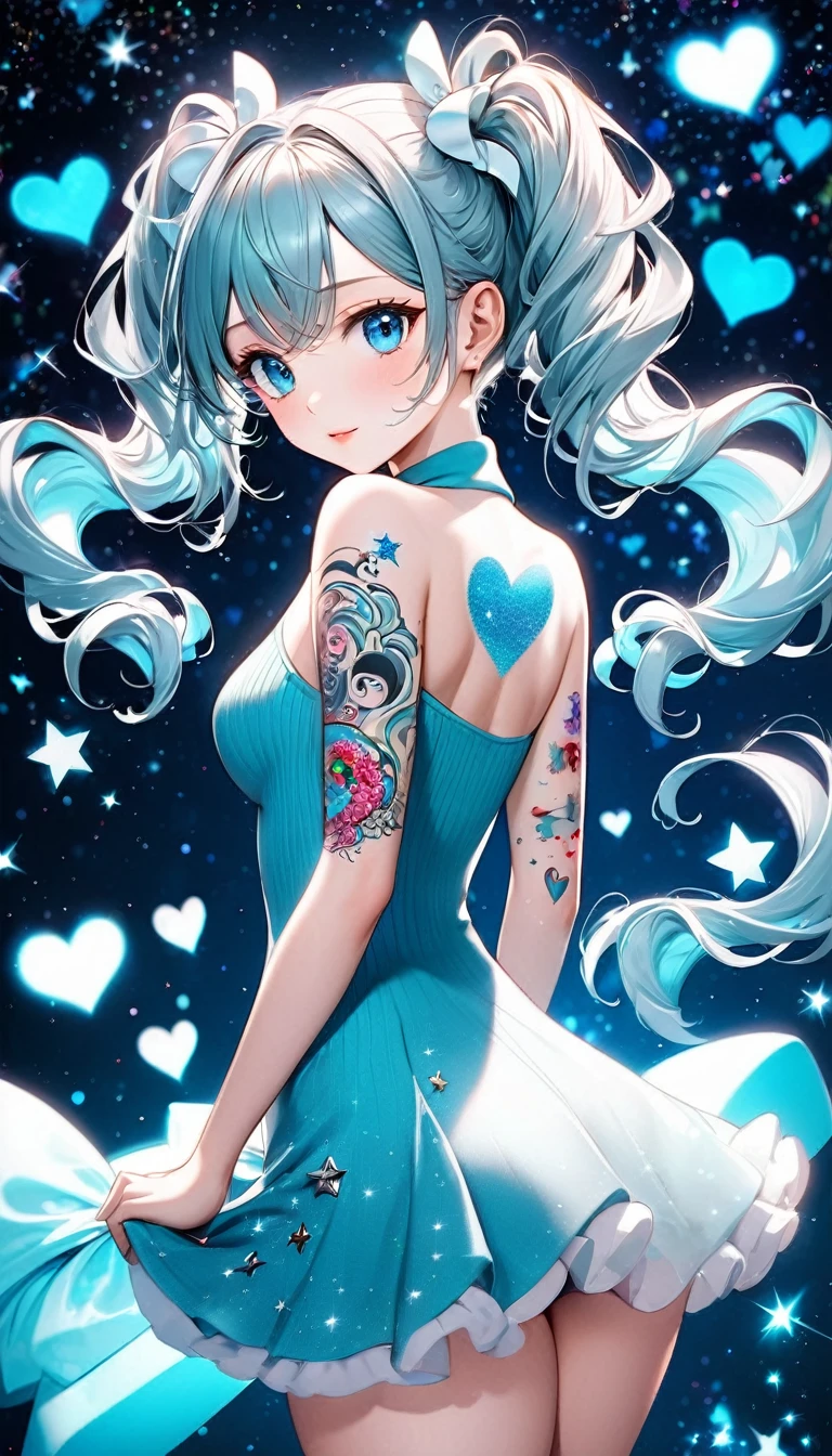 looking back, cute woman, fluffy spiral curl twin tails, blue eyes, attractive and seductive face, make-up, covered in tattoos, wearing tight-fitting knit dress, superlative body proportion, background Tiffany Blue, notes effects, star effects, heart effects, glitter effects, 2.5D, delicate and dynamic, graphic CG digital art