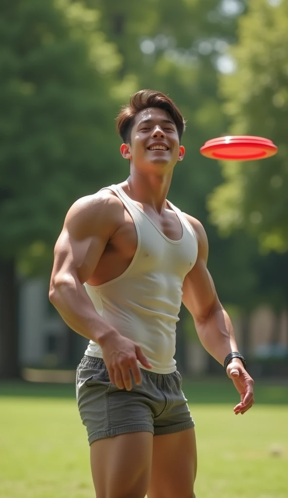 photorealistic, best quality, masterpiece, extremely detailed, sexy, homoerotic, extremely handsome, youthful, 25 year old muscular korean man, fair skin, ((muscular bodybuilder)), ((massive thighs)), wearing tank top and tiny shorts, round bubble butt, very sweaty, looking towards camera, throwing frisbee towards camera, big smile, happy, at park, side view, extremely romantic atmosphere, perfect face, perfect fingers, perfect hands, perfection