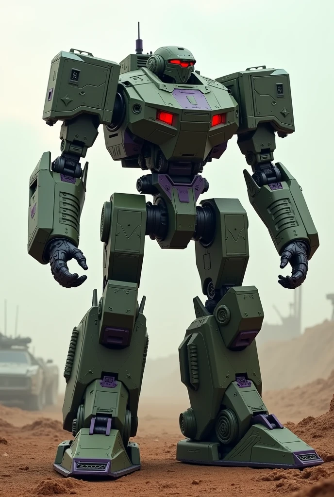 Generates a military green robot with dark purple details capable of transforming into an M1 Abrams war tank