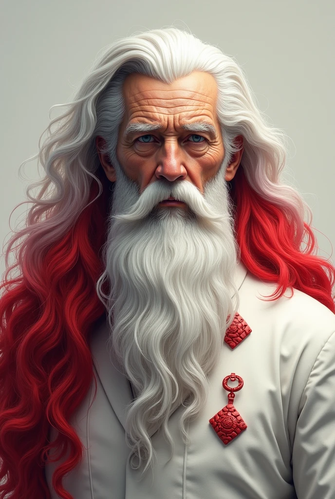 Make an old man hairstyle with long white and red hair and beard ,  with white clothes and a red badge