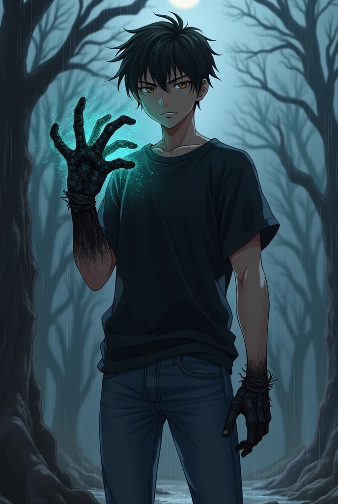 Teen boy, darkness, black hand, curse hand monster , t-shirt, black jeans, poker face, died tree background, anime characters, male anime, focus anime, hero academia, scary hand, night darkness, raining, monster hand, have power to absorb the elements of life, darkness hand,