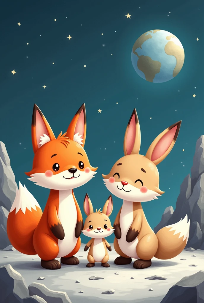 Family of a fox, A rabbit and their child both standing on the moon in a cartoon