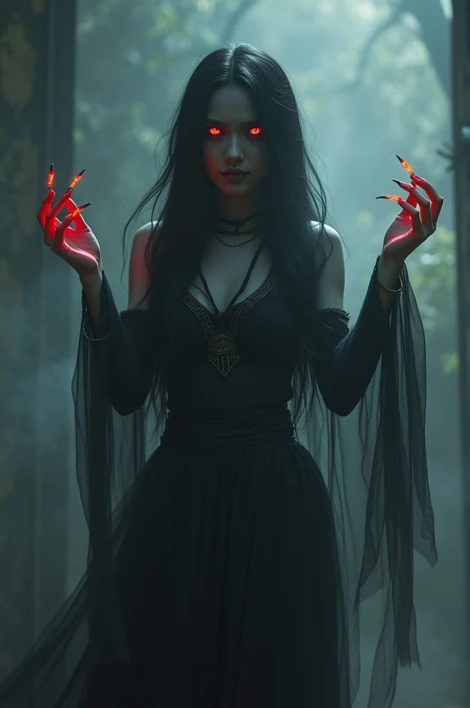 Cambodian ghost girl under the guise of a Cambodian dancer with red eyes, black skin, long fingernails and hair floating in the air 