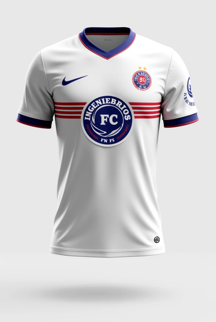 Design me a soccer uniform with white colors, red and blue with a round shield and the name Ingeniebrios FC