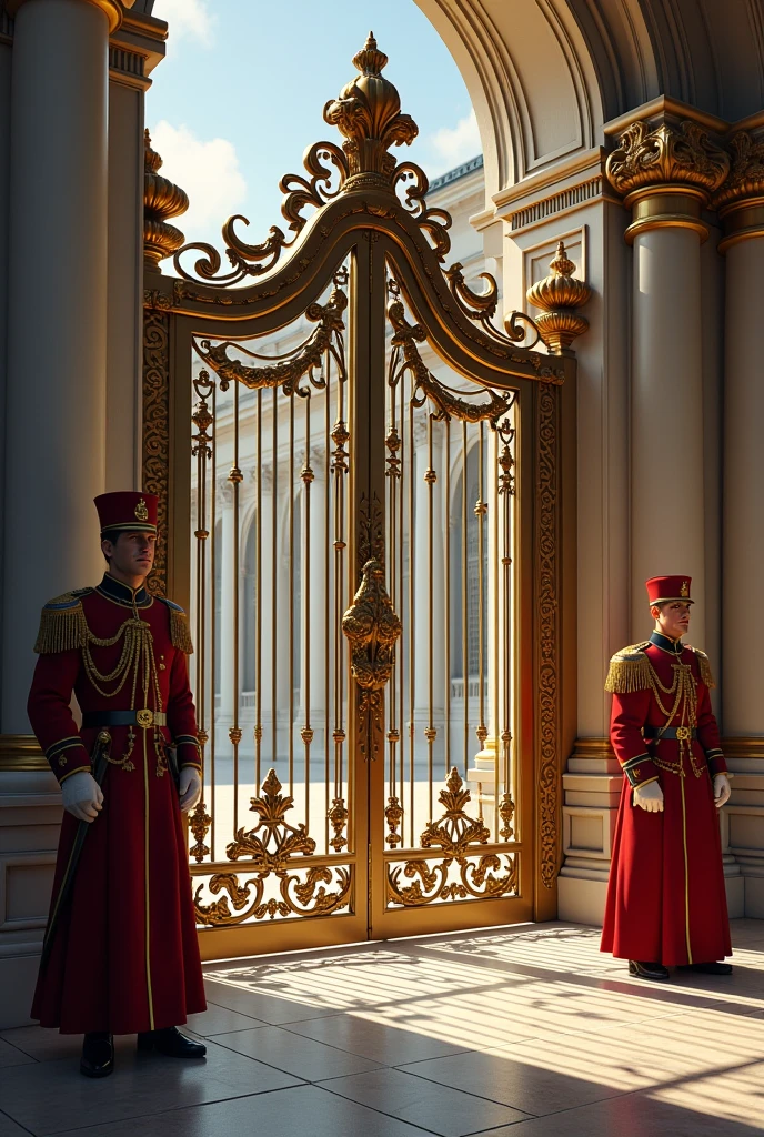 **Palace gates**: The majestic gates of the palace, with guards standing at attention.