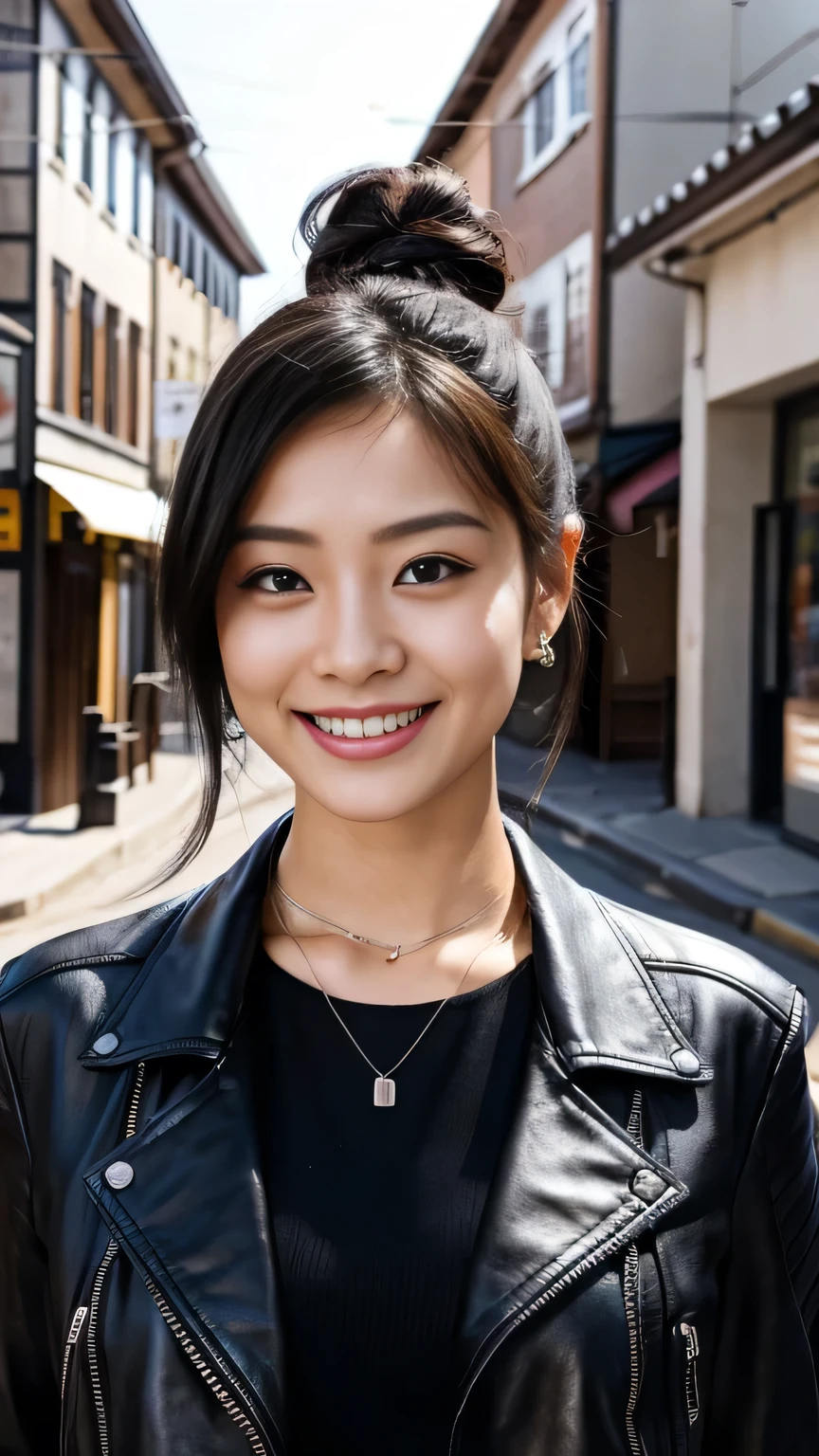 Super Resolution、Beautiful Japanese Women、Black Hair、Hairstyle bun、ear piercing、necklace、leather jacket、shirt、smile、Beautiful teeth alignment、The background is a town street