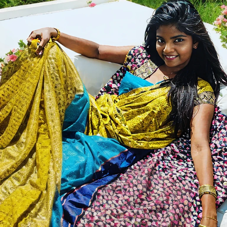 realistic full body beautiful Indian woman in a bed of flowers in saree, golden saree with dark cyan flowers on it