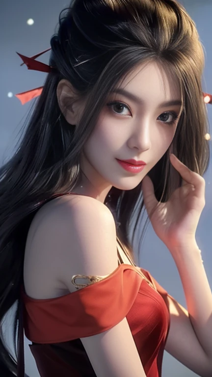 ((whole body)), 1 girl, Long hair, Red costume, (Transparent red silk), Black Hair, Lie down, Mysterious smile, Slender eyes, Fascinating eyes, Extremely detailed photos of the goddess, Three long thin red hairpins, Elongated eyebrows, tall, Snow-white skin, Medium breasts, Leakage out of the breast, Very high color saturation, Off-shoulder, long legs, raised eyebrows, light smile, Barefoot, bare legs, Delicate face, Fluffy hair, Small mouth, Surrealism, ray tracing, reflection light, Fujicolor, retina, masterpiece, anatomically correct, high details, highres, 8k, super detail