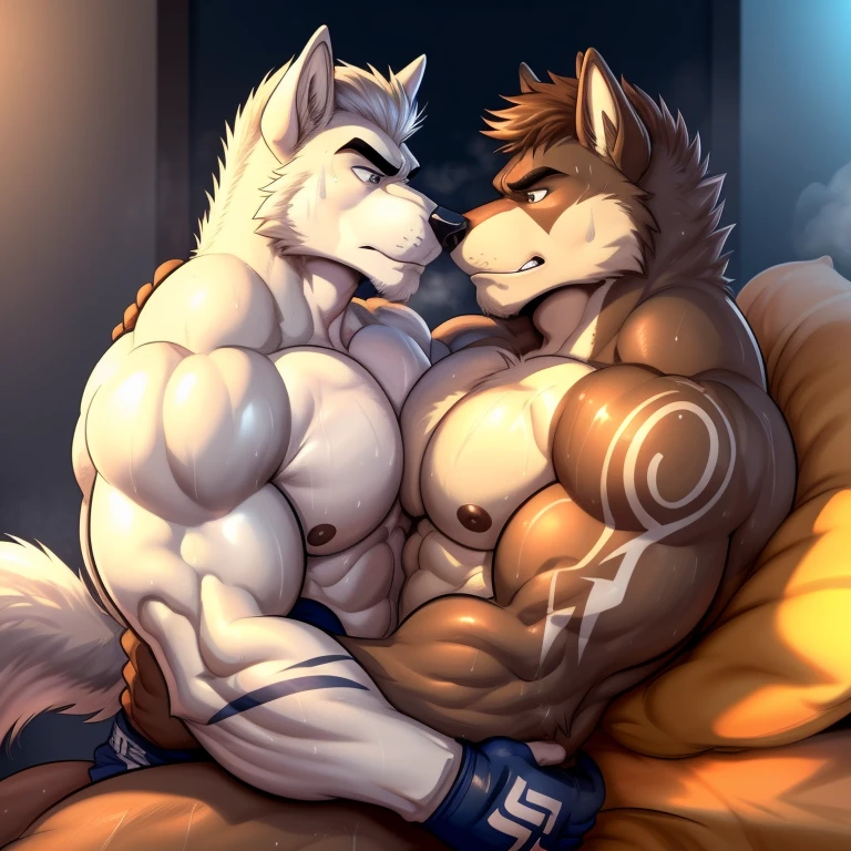 Duo male(Brown Wolf vs Gray Wolf, handsomes, handsome hairstyle, Thick eyebrows, detailed face), gay(Lying down, cuddling embraced, body with body, face to face, on a bed match), hot(Shirtless), handsomes(They are handsomes, correct anatomy), musculosos(Big muscle bodies, Six packs, muscle abs, big pecs), sweaty(very sweaty wet bodies, shiny sweat), tatuajes(they have tattoos), grumpy(Both have an grumpy expression, grumpy teeths, steaming breath), UFC gloves(They both are wearing UFC gloves), Hight resolution, by(Zourik:1.1)