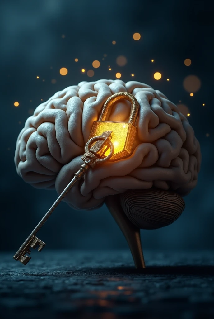 A surreal image showing a shiny metallic key, symbolizing the &#39;key to success&#39;,&#39; smoothly entering a golden lock embedded in a human brain. The brain is depicted in a semi-realistic style, with grooves and subtle details, but illuminated by a faint glow, highlighting the importance of knowledge and the mind. Around the key, small sparks of light radiate, symbolizing the awakening of new ideas and mental transformation. The background of the image is dark and abstract, with deep shades of blue and black, creating a contrast that directs focus to the key and the brain. This scene symbolizes the journey of &#39;Turning the Key All the Way&#39;,&#39; unlocking the full potential of the mind.