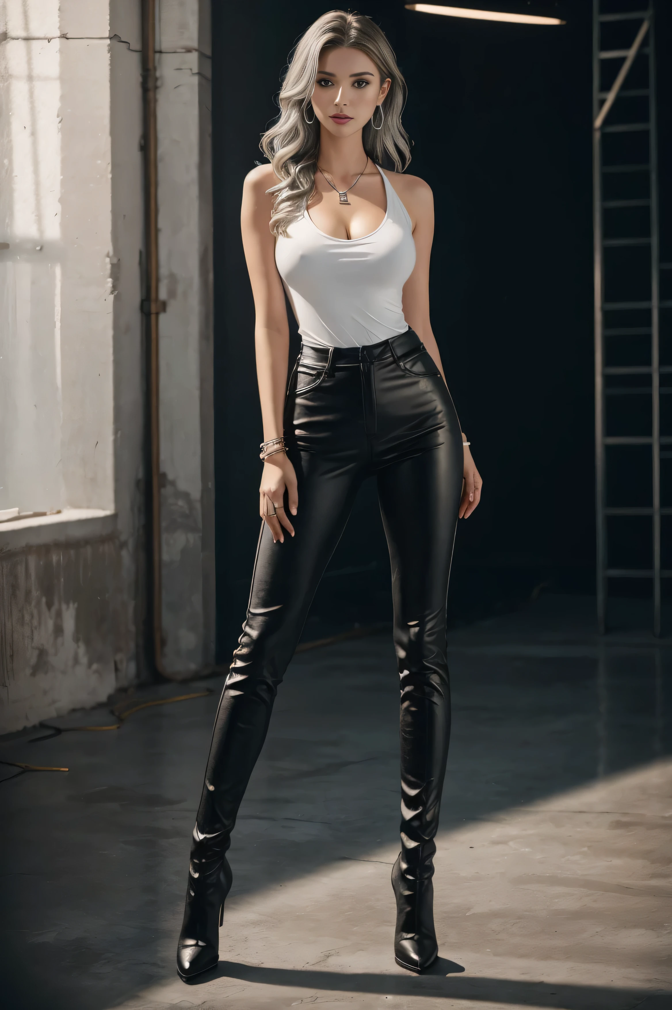 full body woman,  sexy sensual sports and fashion model, studio advertising photo shoot, standing in front of gray cracked stained concrete wall, black very long wavy hair, Brown eyes, smal breast, muscular arms, broad shoulders, long thighs, leather pants, white white polo, high heeled leather boots, silver necklace, silver hoop earrings, silver bracelet, , in photo studio, spot lighting on face highlight on hair, shallow depth of field, bokeh, 8K, High quality, masterpiece, best quality, HD, highly detailed, volumetric lighting, photo realistic