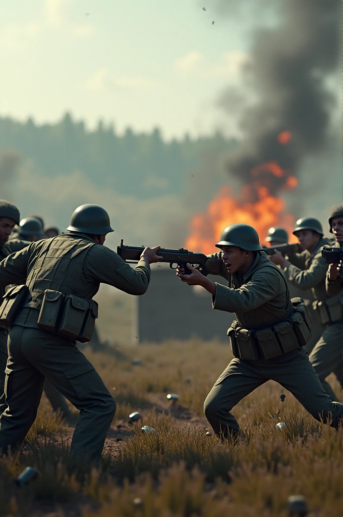 sitting ww2 soldier ignite his cigarette while enemy ambushing at behind, symetric photo, masterpiece, high definition render, 4K render, cinematic, ultra realistic, at night, cinematic lighting, war