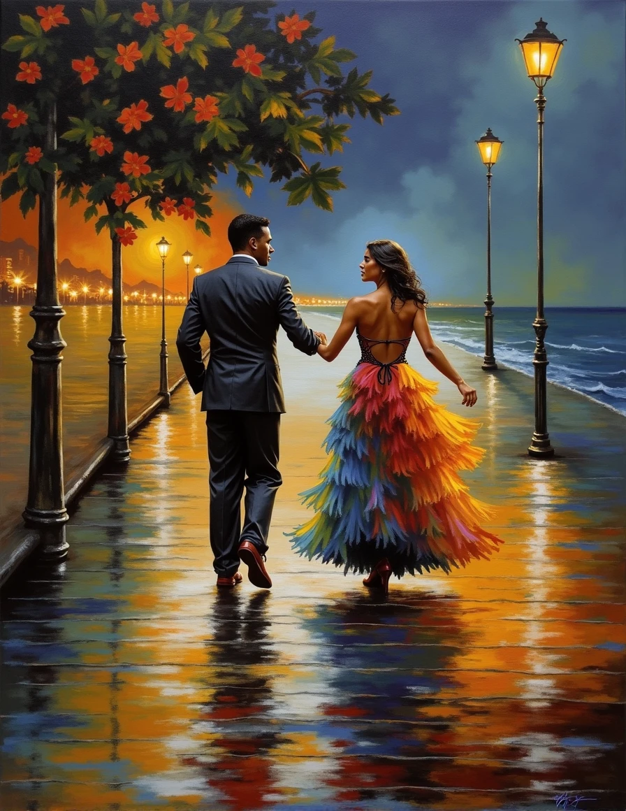 generates an action scene where a couple of lovers (a handsome afroamerican man with short haircute and a beauty Latin woman with dark chocolate skin and a nice body with curves, round breasts and firm, wide and generous hips, a black dress with a low neckline) meet in a boardwalk facing the sea, warm colors, be creative and achieve a book cover image.