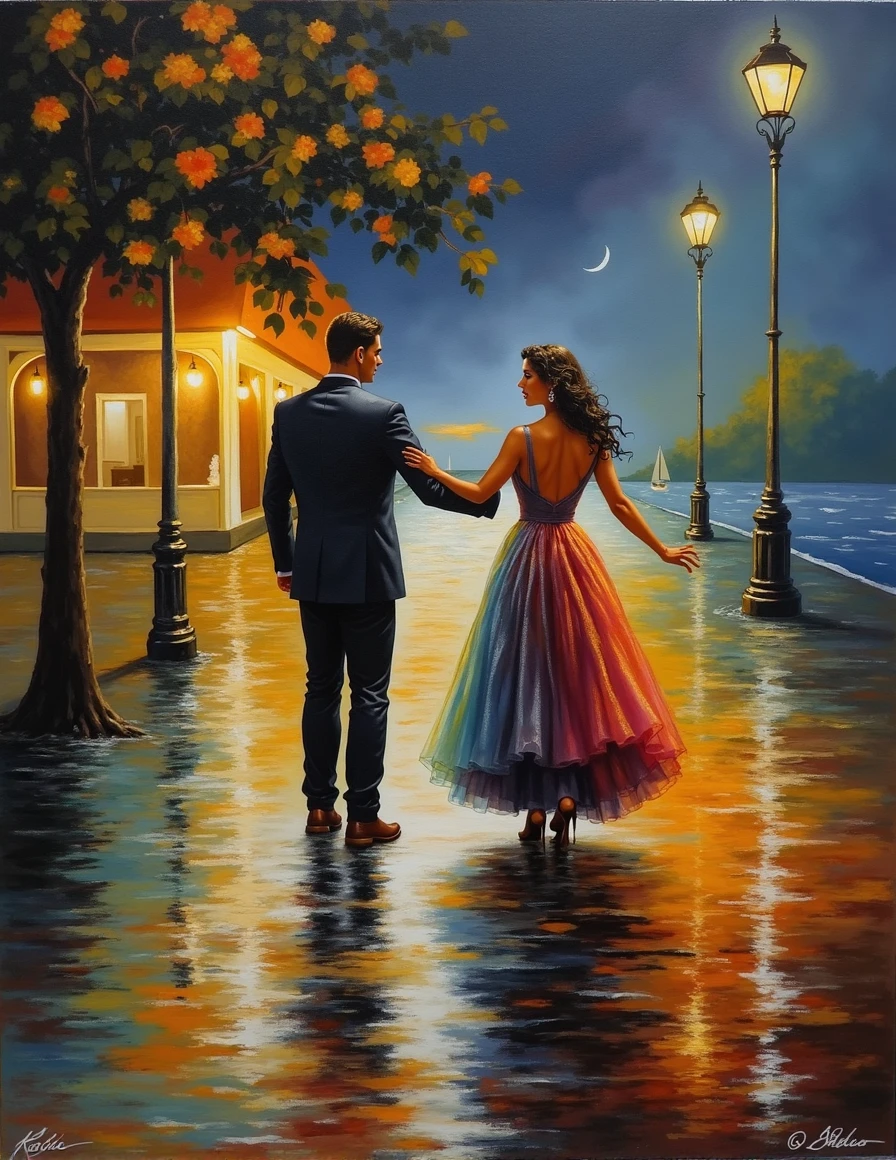 generates an action scene where a couple of lovers (a handsome afroamerican man with short haircute and a beauty Latin woman with dark chocolate skin and a nice body with curves, round breasts and firm, wide and generous hips, a black dress with a low neckline) meet in a boardwalk facing the sea, warm colors, be creative and achieve a book cover image.
