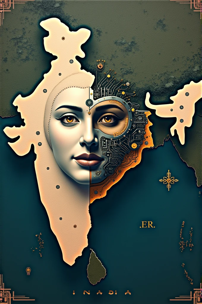 India map with bharatha maadha's face and Indian robotic face image with deep meaning