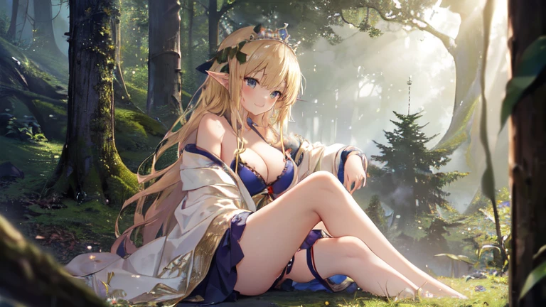 best quality、Highest image quality、Super beautiful elf beauty((22-year-old OL with big bust、Bust 90,Beautiful long permed hair、Blonde、Slender、beautiful tiara、high quality、Elf ears、Happy smile、myth、Sexy的、extremely good、Mysterious Forest、in the woods、super high quality, Super detailed, Ultra-clear, forest, one person, long blonde hair, sleep, Swimsuit, dress, dress, Bathrobe, mini skirt, Stockings, Sexy, looking into the distance,Overlooking,