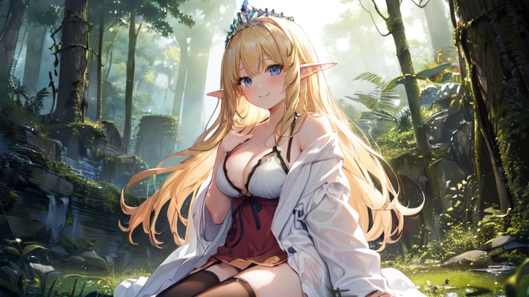 best quality、Highest image quality、Super beautiful elf beauty((22-year-old OL with big bust、Bust 90,Beautiful long permed hair、Blonde、Slender、beautiful tiara、high quality、Elf ears、Happy smile、myth、Sexy的、extremely good、Mysterious Forest、in the woods、super high quality, Super detailed, Ultra-clear, forest, one person, long blonde hair, sleep, Swimsuit, dress, dress, Bathrobe, mini skirt, Stockings, Sexy, looking into the distance,Overlooking,