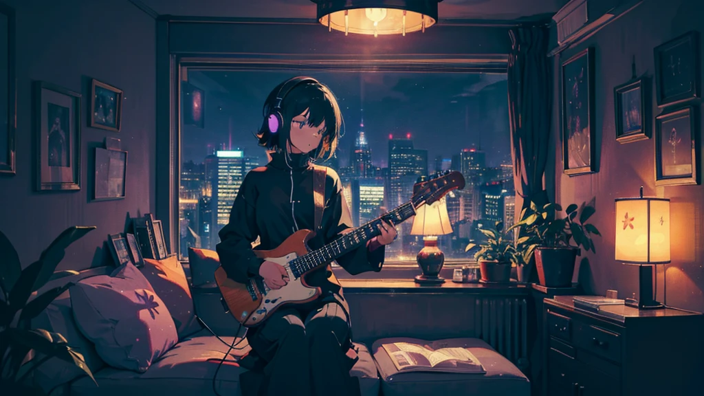 A high-quality, detailed anime-style illustration of a young woman with short black hair, wearing large over-ear headphones. She is sitting on a cozy sofa, gently practicing guitar. The setting is a dimly lit room with a warm, calm ambiance, featuring soft, dark tones. The room is decorated with a few plants that add a touch of nature. A large window shows a cityscape with various colored lights from nearby buildings, creating a peaceful, contemplative atmosphere perfect for lo-fi music. Soft purple neon signs glow subtly in the background. The overall mood of the image should be relaxed and soothing, with smooth lines and a soft, muted color palette, avoiding overly bright or harsh tones