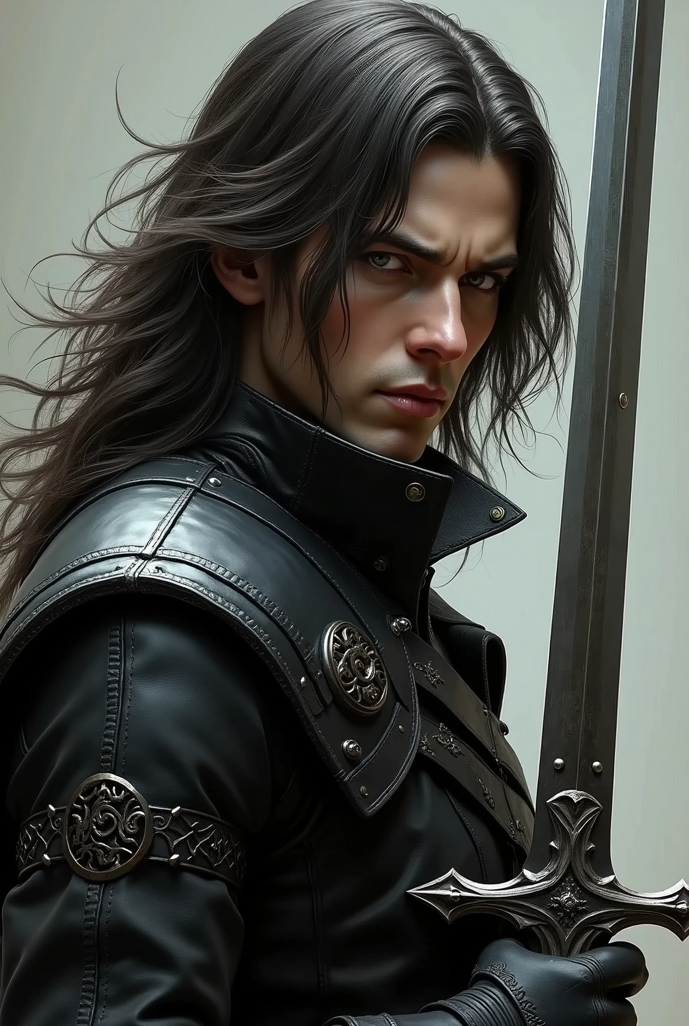 a close up of a person in a leather coat holding a sword, a character portrait inspired by Andor Basch, trending on cgsociety, renaissance, sephiroth, sephiroth from final fantasy, a photo of sephiroth, from final fantasy, in leather armor, fantasy leather clothing, final fantasy character, thancred waters in style of wlop