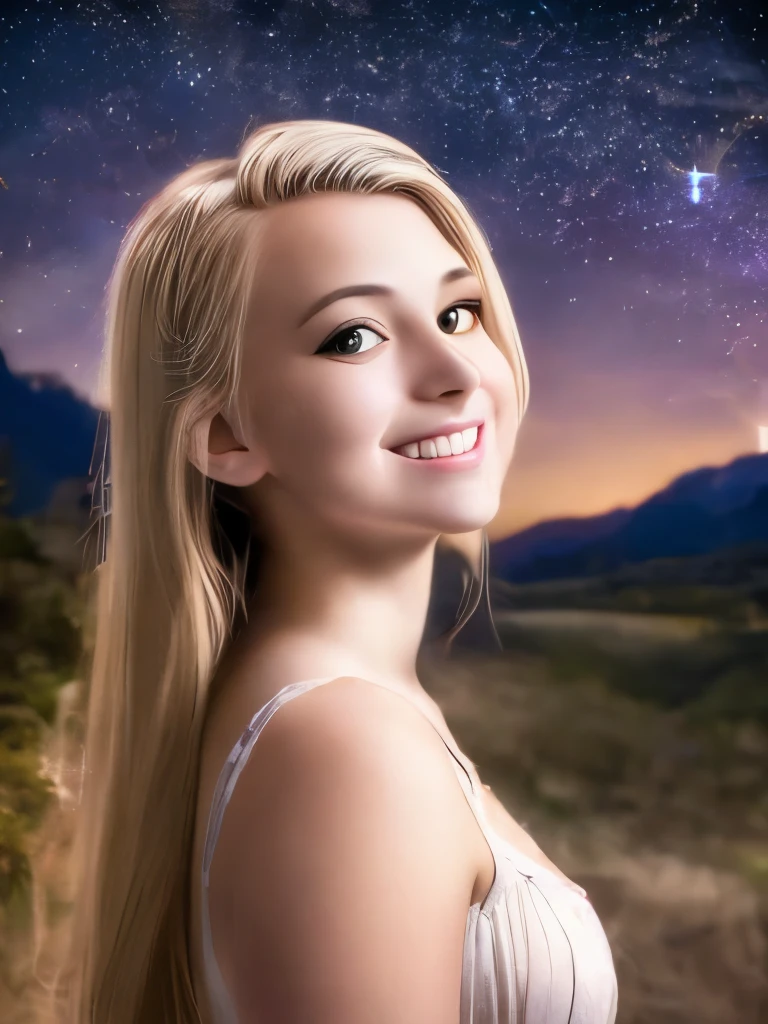 Night photography, in the countryside, Under the starry winter sky,
1 gorgeous blonde woman,
23 years old,
subtle smile,
flirts with the camera,
It's a model sensual pose, 
(European Girl:1.2),
(Realistic hair:1.2),
(realistic eyes:1.2),
(Beauty face:1.3),
Perfect body, perfect hands, perfect breast,
(((Nude)))
Kodak or 200, 
Playboy Magazine Style, low angle shot,
Best quality, ultra highres, (photoreallistic:1.4), 8k,