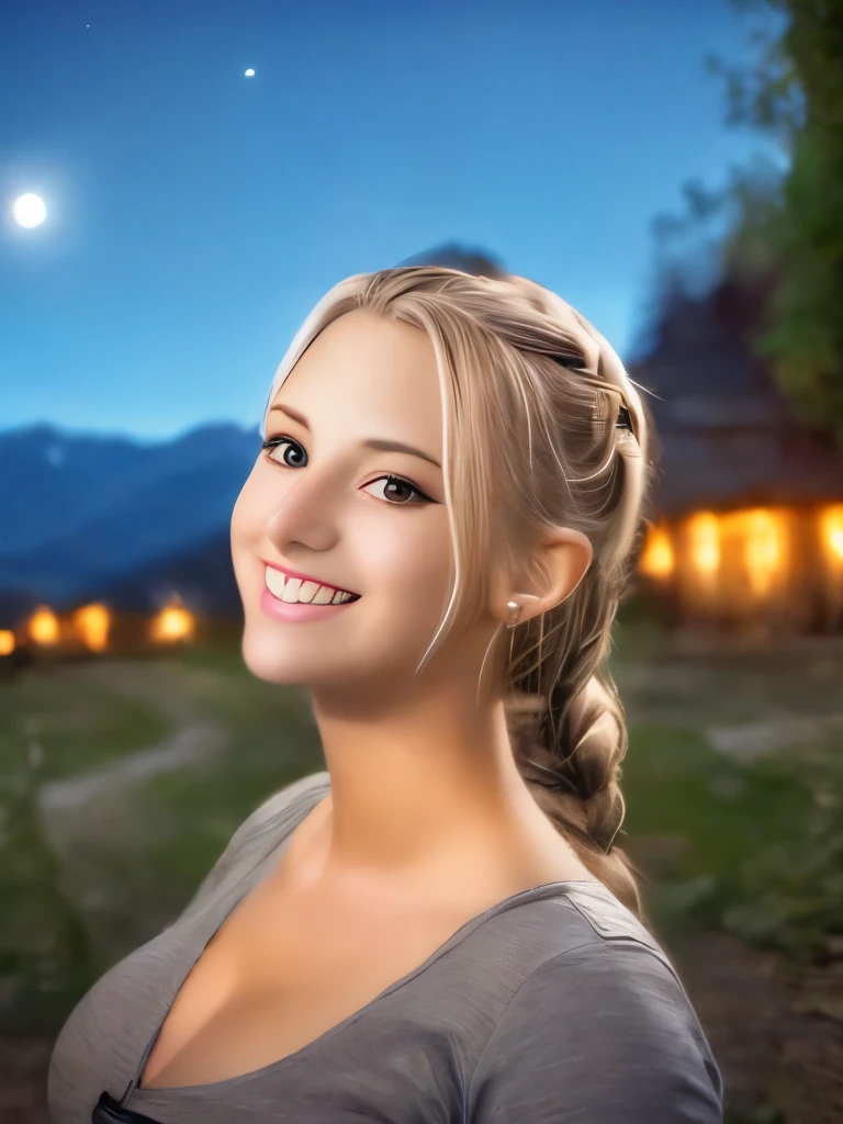 1 beautiful young woman and a hummingbird kissing her cheek ((upper body selfie, happy)), masterpiece, best quality, ultra-detailed, ground, outdoor, (night), mountains, nature, (stars, moon) cheerful, happy, forest, stones, river, wood, smoke, shadows, contrast, clear sky, style, (warm tone, warm tone): 1.2), close-up, cinematic light, side lighting, ultra high resolution, best shadow, RAW, upper body, realistic style