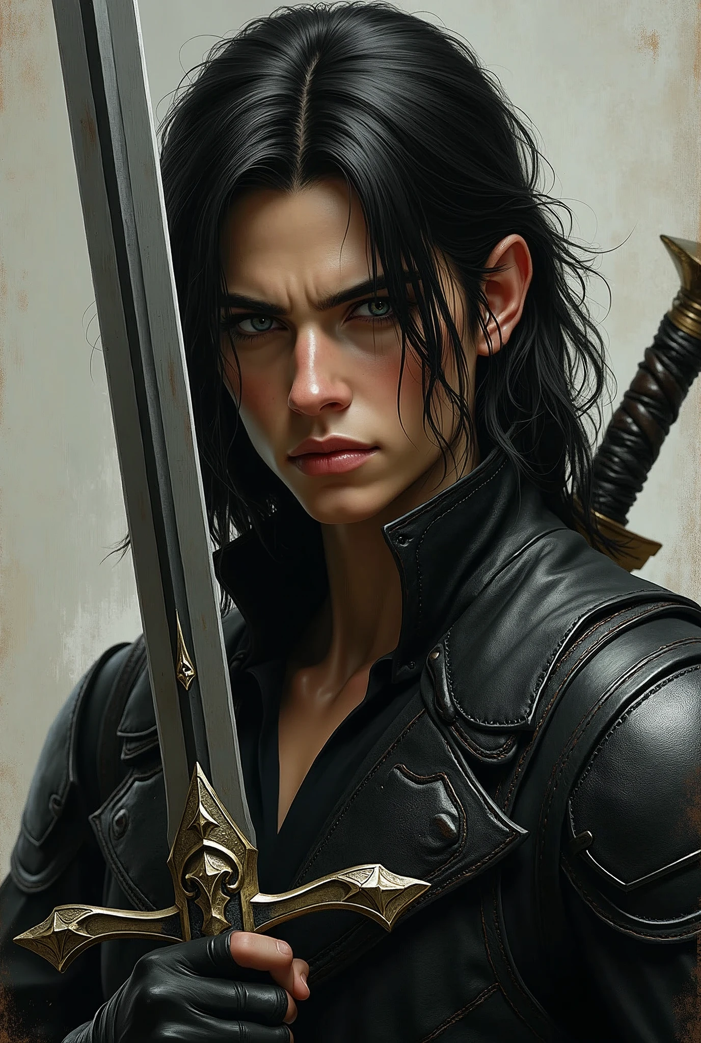 a close up of a person in a leather coat holding a sword, a character portrait inspired by Andor Basch, trending on cgsociety, renaissance, sephiroth, sephiroth from final fantasy, a photo of sephiroth, from final fantasy, in leather armor, fantasy leather clothing, final fantasy character, thancred waters in style of wlop