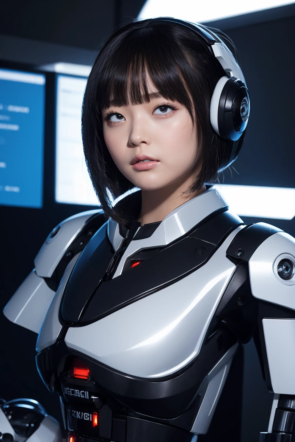 masterpiece, best quality, extremely detailed, Japaese android girl,portrait,Plump,a bit chubby,control panels,android,Droid,Mechanical Hand, Robot arms and legs, Black hair,Blunt bangs,perfect robot girl,long tube,thick cable connected her neck,android,robot,humanoid,cyborg,japanese cyborg girl ,robot-assembly plant,She is assembling now,assembly scene,rolling eyes,chest monitor