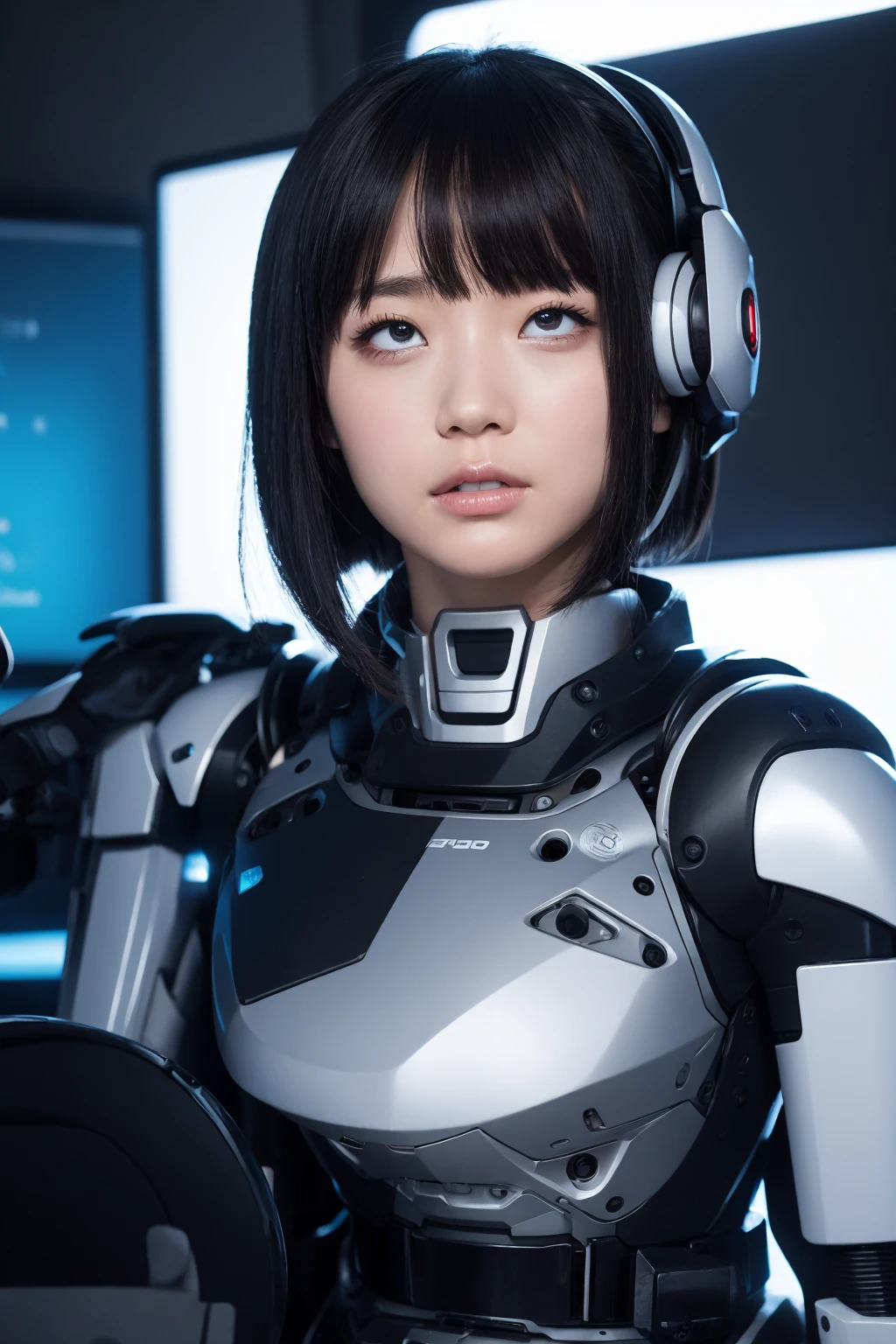 masterpiece, best quality, extremely detailed, Japaese android girl,portrait,Plump,a bit chubby,control panels,android,Droid,Mechanical Hand, Robot arms and legs, Black hair,Blunt bangs,perfect robot girl,long tube,thick cable connected her neck,android,robot,humanoid,cyborg,japanese cyborg girl ,robot-assembly plant,She is assembling now,assembly scene,rolling eyes,chest monitor