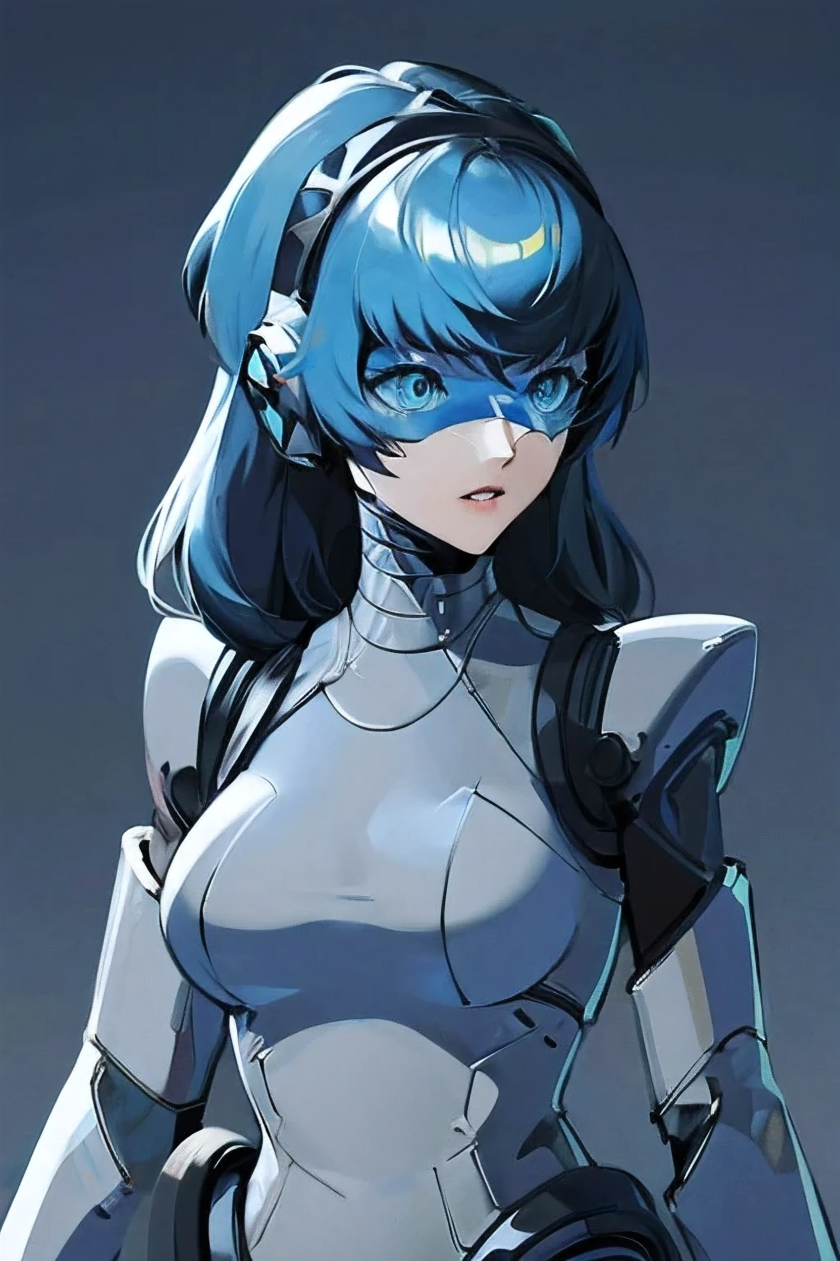 empty eyes,robotized woman ,big bust,Robot Joint ,Metal skin,Black Suit,long hair,a suit that covers the whole body,aegis(persona3)