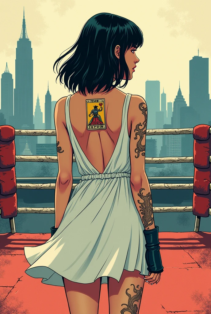 Je veux crée une image dessiner dans un style manga avec en fond une ville en second plan un rongé avec une perspective de l’intérieur du ring angle de vu face a la ville et au milieu du ring je veux rajouter une fille dos à l’angle de vu face a la ville dans une posture déterminé et confiante cheveux semi long noir , elle porte une robe blanche ouverte dans le dos qui laisse voir un tatouage de la carte du tarot l’amour , elle est pied nue et a un autre sur tous le bras gauche le tatouage représente de la fume ça part du poignet entour le bras et remonte jusqu’en haut de l’épaule