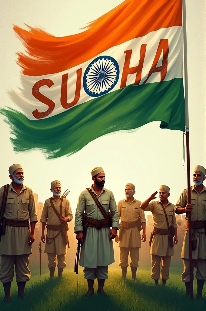 A floating name "SUBHA" filled with Indian flag colour with grassy texture.Beside the name there are some indian freedom fighters.The freedom fighters are saluting the name.