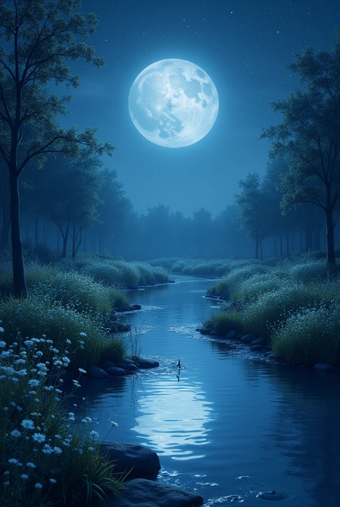 A fantastical scene of a quietly flowing stream at night。The moonlight casts a silvery glow on the water.、The river shines quietly。star々are scattered across the night sky、The scenery reflected on the water surface seems as if heaven and earth have become one.。Pale flowers bloom on the shore in the dim light、Every time it sways in the night breeze, a faint fragrance drifts through the air.。An owl hoots low in the distance、Silence reigns in the forest。sometimes、I can hear the little fish jumping、Soon the silence of night will return。The whole thing is like a dream、It is surrounded by a mysterious atmosphere。
