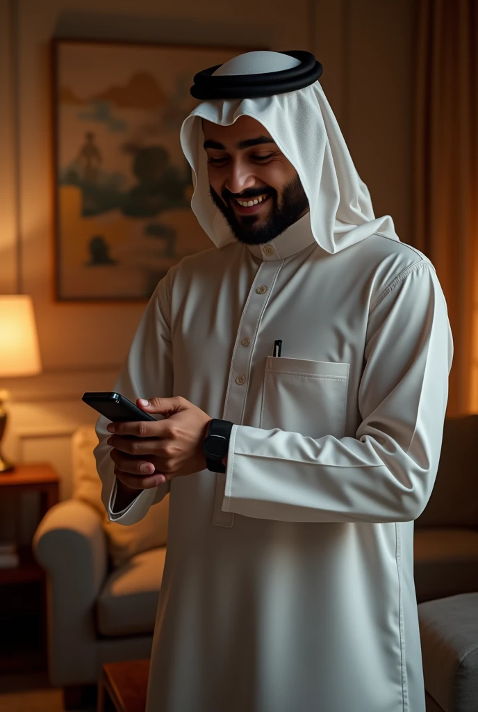 A handsome, elegant Arab man with white skin, wearing a Saudi thobe, and wearing an Eltri smart watch on his hand, looking at it while smiling, in a beautiful house with dim yellow lights