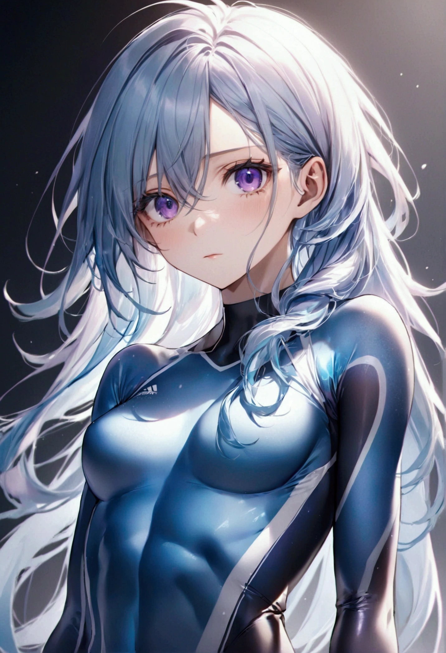 A young woman with long icy blue hair,purple eyes, slender and athletic built, detailed body, detailed eyes, masterpiece, best quality, aesthetic