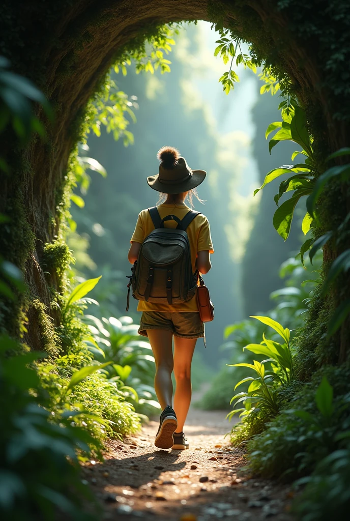 An indigenous girl with a loincloth covering her body walking through a tropical forest. Indigenous girl without hat or backpack, em estilo anime.