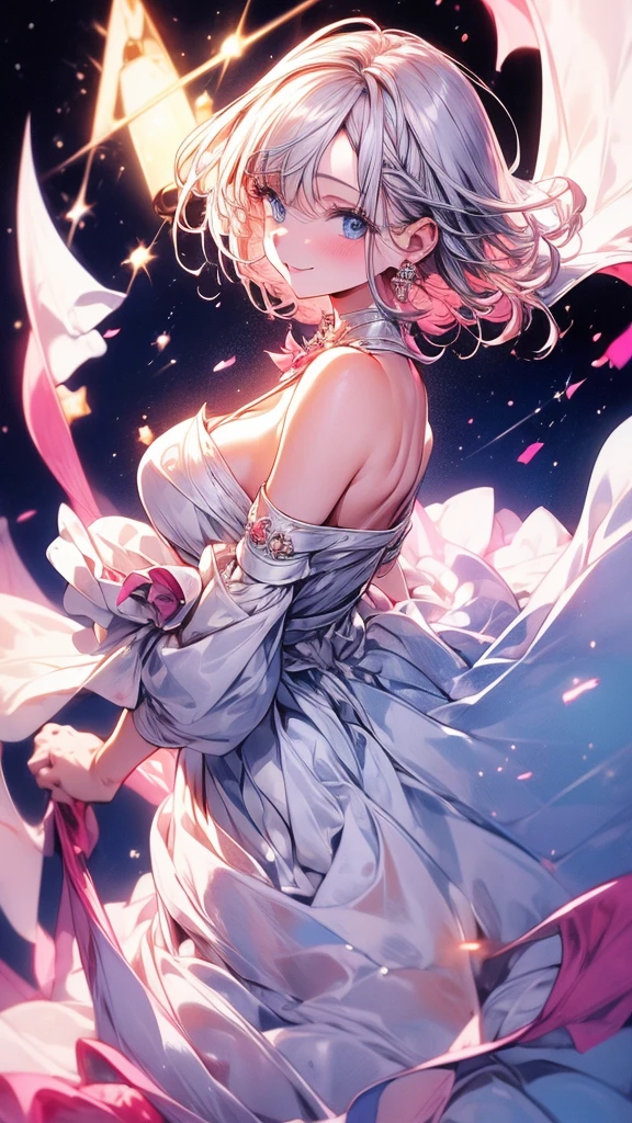 (masterpiece:1.4),, (Best Quality:1.4),, ultra high resolution,, 8k, CG,, (extremely delicate and beautiful:1.2),, , Upper part of the body, Whole body,, on one side,, looking at the viewer,, , 1 girl,, Alone,, fashion girl,, mature girl,, , Beautiful, Sweet, long white hair,, , blue eyes,, Closed mouth,, Red lips,, , White dress, Wedding dress,, medium breasts, Beautiful smile,, , short hair, pink face from the wind,, , to become night, starry sky