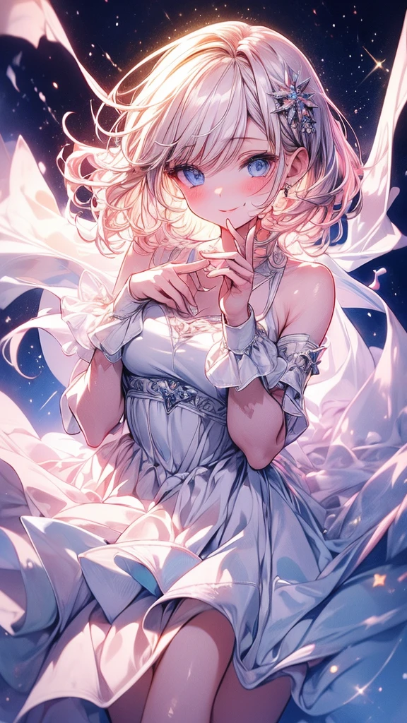 (masterpiece:1.4),, (Best Quality:1.4),, ultra high resolution,, 8k, CG,, (extremely delicate and beautiful:1.2),, , Upper part of the body, Whole body,, on one side,, looking at the viewer,, , 1 girl,, Alone,, fashion girl,, mature girl,, , Beautiful, Sweet, long white hair,, , blue eyes,, Closed mouth,, Red lips,, , White dress, Wedding dress,, medium breasts, Beautiful smile,, , short hair, pink face from the wind,, , to become night, starry sky