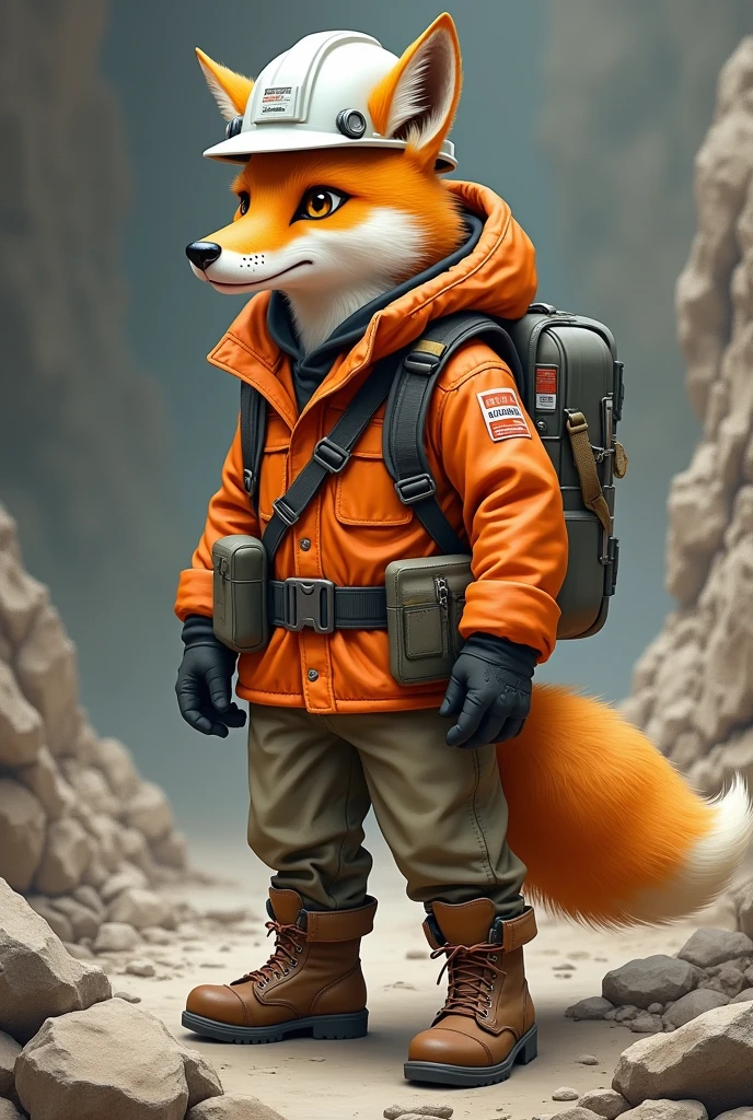 Culpeo fox dressed as a miner with a white helmet, orange jacket and safety shoes, full body 