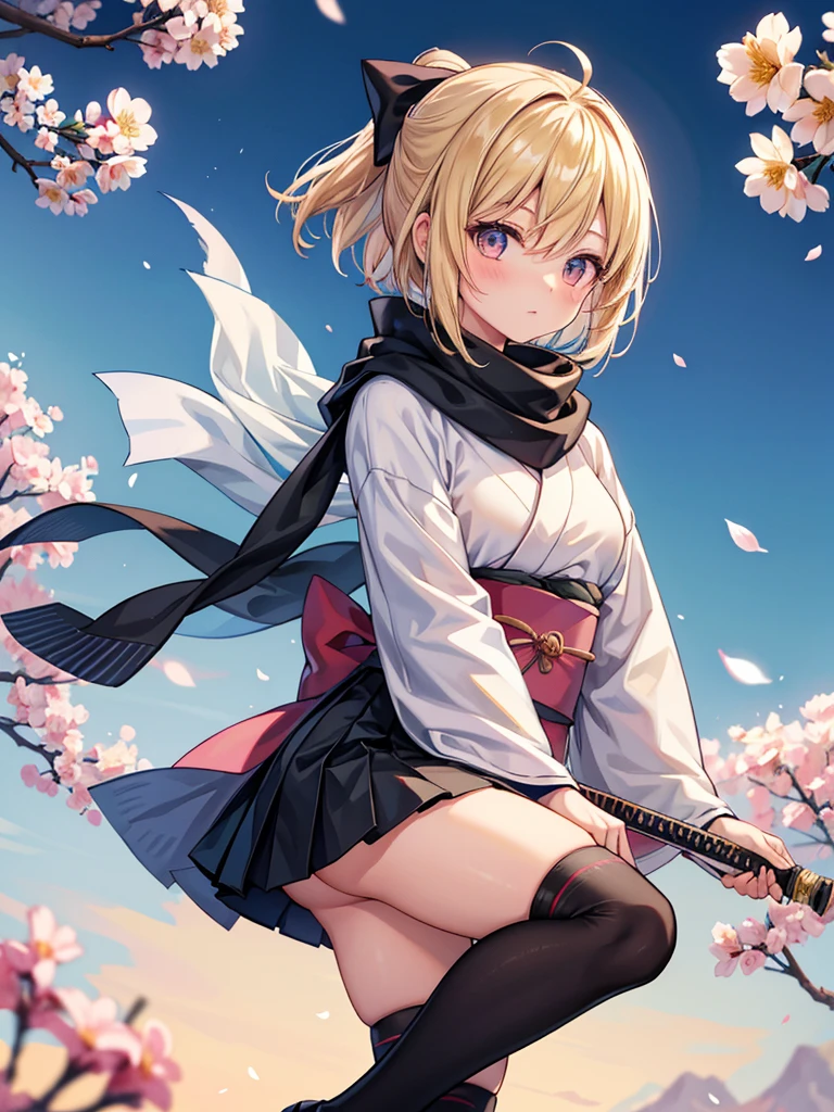 Still calm, one girl, Okita _ Soji _ (e in f), Okita _ Soji _ (this ace), alone, weapon, sword, Japanese _ clothes, knee socks, cherry _ flowers Blooming, scarf, chest, k with ana, bow, side bust, blonde _ hair, short _ kimono, kimono, hair _ bow, watching _ viewer, short _ hair, ahoge, oh Butt, she h, black _ knee socks, black_scarf, medium _ chest, black _ bow, sack