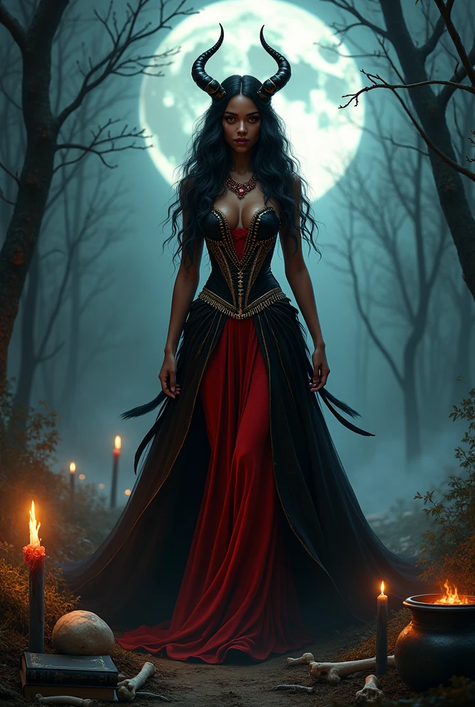 30 year old black woman, long wavy black fur, Red eyes, red and black necklaces, queen of hell, Super sexy red and black dress with gold and black details, melted candles, black magic book, whole body, walking among the dead , black feathers, full moon, evening, pearl, witch , human bones , blood, They work in the moonlight with a cauldron,in a forest or swamp