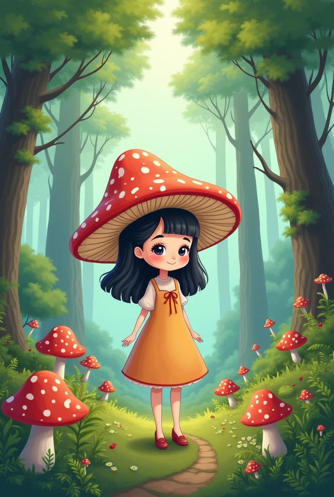 Easy to draw, Girl with mushroom hat standing in majestic forest