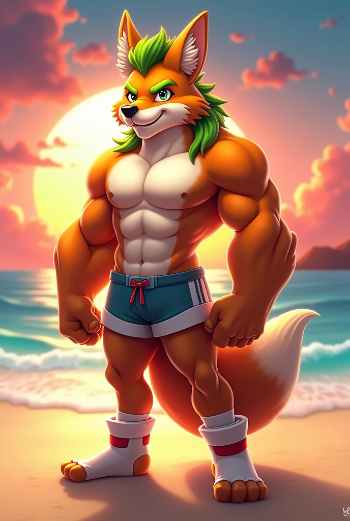 Furry, anthropomorphic, fox, muscular, nipple piercing, solo, hairy pectoral, orange  fur, lime green hair, in the beach, sunset, happy ,showing is paws,with white and red socks ,nipple,no shoes and shorts ,nick wild