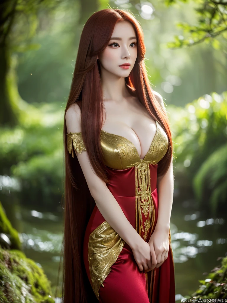 a beautiful REDheaded elegant and sexy asian girl, long very very silky hair, elegant and beautiful and sexy elf dress, dense forest, no sunlight, detailed face and eyes, very very big tits (best quality,4k,8k,highres,masterpiece:1.2),ultra-detailed,(realistic,photorealistic,photo-realistic:1.37),magical fantasy atmosphere,fantasy,concept art