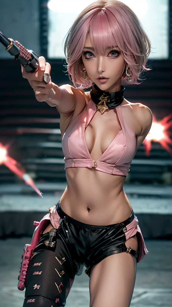 (Highest quality), Realistic, (live-action),(Short Hair,Sharp bangs)Highest quality,Highest quality,8k images,Pink Hair,High heels,Small face,((Big Breasts))Leg spread、1 gun,(((Point the tip of your gun towards the camera:1.6))),Highest quality32K(In combat)