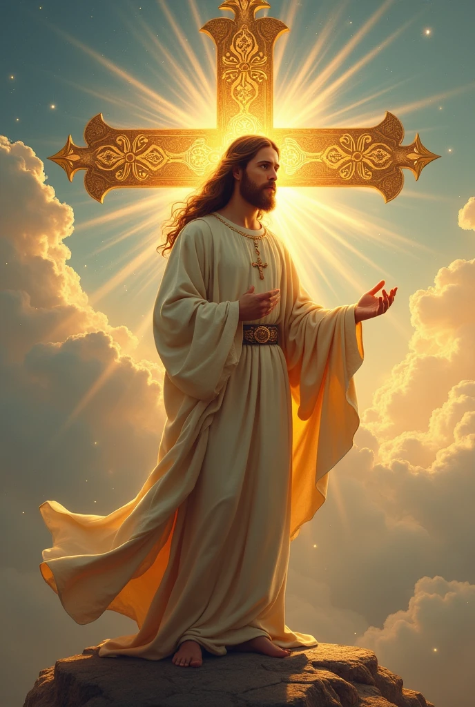 Wonderful Jesus Christ holding a golden cross with a splendid sky in the background 